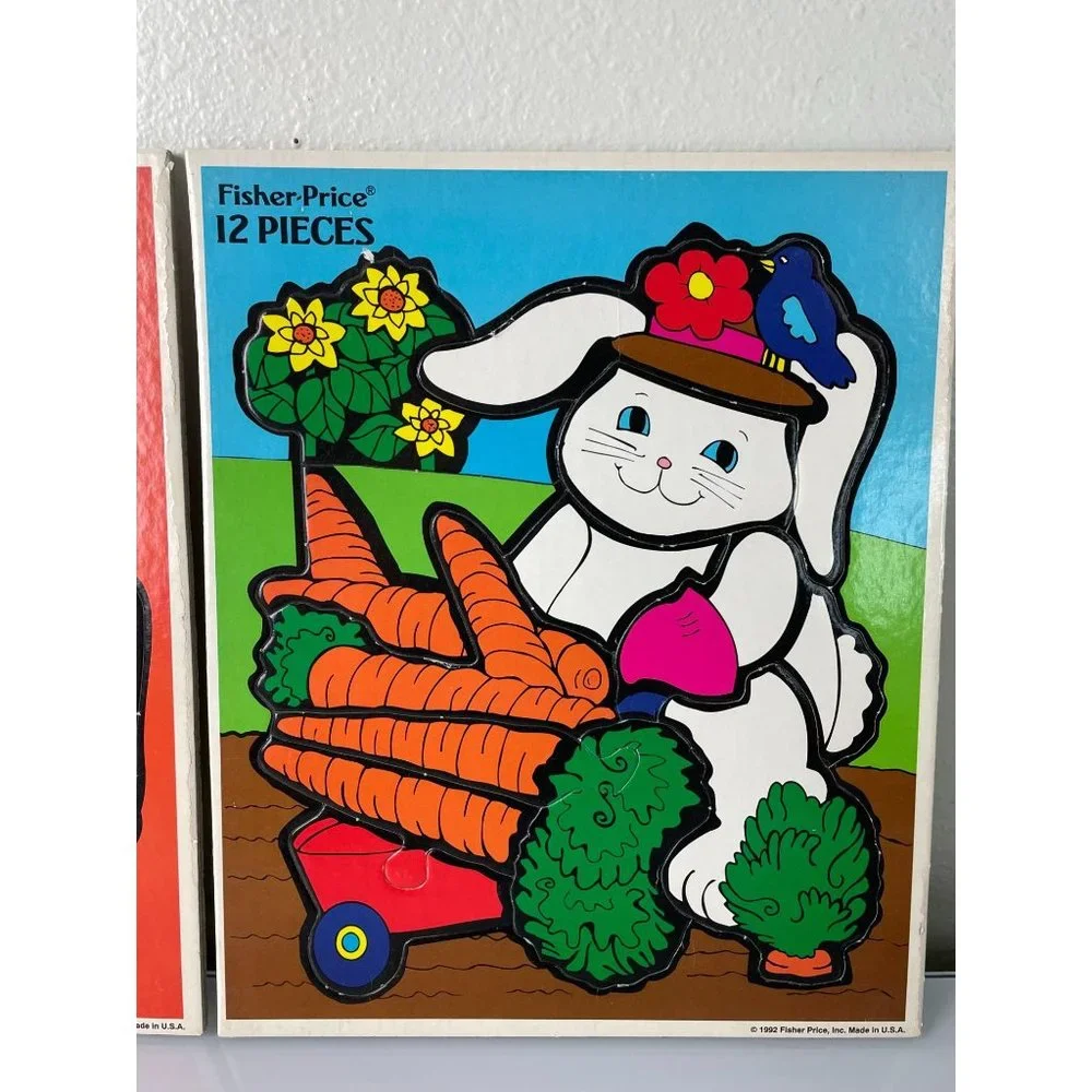 Vintage 1992 Fisher Price Farm Animals Bunny Cow Horse Beginner Puzzles, Toy